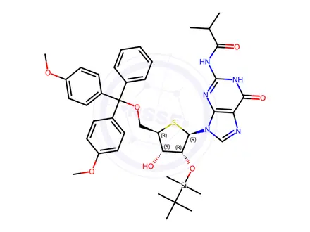Chemical structure of Guanosine, 5'-?O-?[bis(4-?methoxyphenyl)?phenylmethyl]?-?2'-?O-?[(1,?1-?dimethylethyl)?dimethylsilyl]?-?N-?(2-?methyl-?1-?oxopropyl)?-?4'-?thio-
