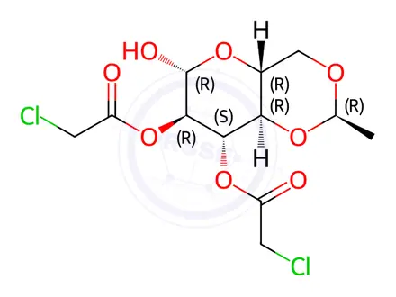 Chemical structure of 2,3-di-O-chloroacetyl-4:6-O-ethylidene-β-D-glucopuranose