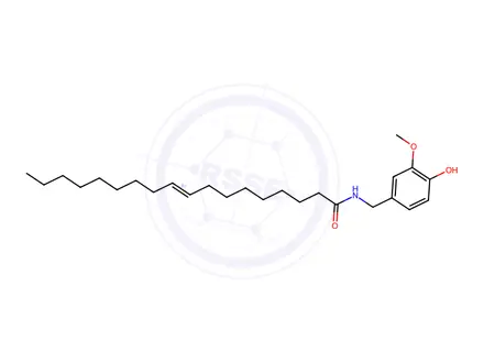 Chemical structure of 9-Octadecenamide, N-[(4-hydroxy-3-methoxyphenyl)methyl]-, (9E)-