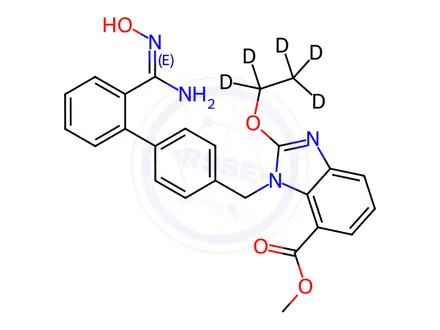 Chemical structure of 2-Ethoxy-d5-1-[[2'-[(hydroxyamino)iminomethyl][1,1'-biphenyl]-4-yl]methyl]-1H-benzimidazole-7-carboxylic Acid Methyl Ester