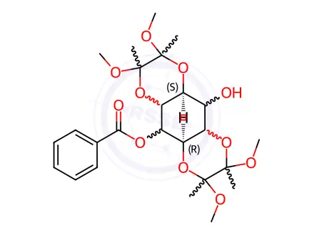 Chemical structure of 1,6-O-[(1R,2R)-1,2-Dimethoxy-1,2-dimethyl-1,2-ethanediyl]-3,4-O-[(1S,2S)-1,2-dimethoxy-1,2-dimethyl-1,2-ethanediyl]-5-benzoate-myo-inositol