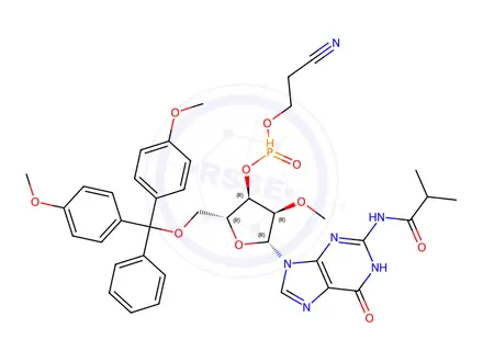 Chemical structure of (2R,3R,4R,5R)-2-((bis(4-methoxyphenyl)(phenyl)methoxy)methyl)-5-(2-isobutyramido-6-oxo-1H-purin-9(6H)-yl)-4-methoxytetrahydrofuran-3-yl (2-cyanoethyl) phosphonate