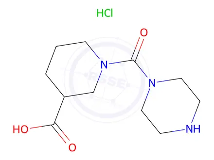 Chemical structure of 1-(Piperazine-1-carbonyl)piperidine-3-carboxylic acid hydrochloride