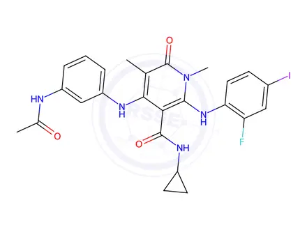 Chemical structure of 4-((3-acetamidophenyl)amino)-N-cyclopropyl-2-((2-fluoro-4-iodophenyl)amino)-1,5-dimethyl-6-oxo-1,6-dihydropyridine-3-carboxamide