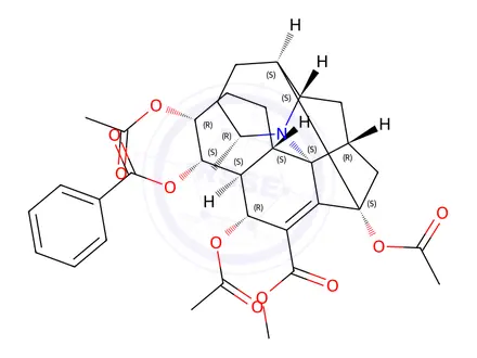 Chemical structure of 13α,16α,20-Triacetoxy-14α-benzoyloxyhimbosan-18-oic acid methyl ester