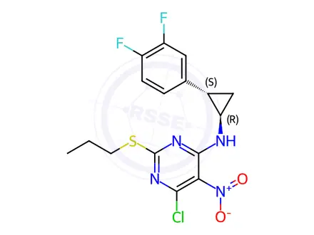 Chemical structure of 6-Chloro-N-[(1R,2S)-2-(3,4-difluorophenyl)cyclopropyl]-5-nitro-2-(propylthio)-4-pyrimidinamine