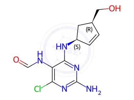 Chemical structure of N-[2-Amino-4-chloro-6-[[(1S,4R)-4-(hydroxymethyl)-2-cyclopenten-1-yl]amino]-5-pyrimidinyl]formamide