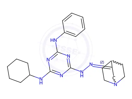 Chemical structure of (Z)-N2-cyclohexyl-N4-phenyl-6-(2-(quinuclidin-3-ylidene)hydrazinyl)-1,3,5-triazine-2,4-diamine