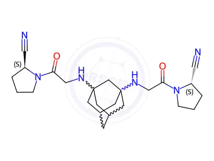 Chemical structure of (2S,2'S)-1,1'-(2,2'-(Adamantane-1,3-diylbis(azanediyl))bis(acetyl))bis(pyrrolidine-2-carbonitrile)