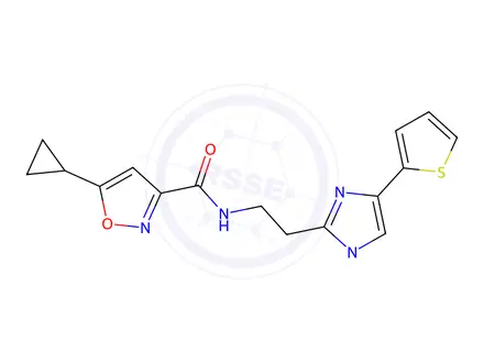 Chemical structure of 5-Cyclopropyl-N-(2-(1-methyl-4-(thiophen-2-yl)-1H-imidazol-2-yl)ethyl)isoxazole-3-carboxamide
