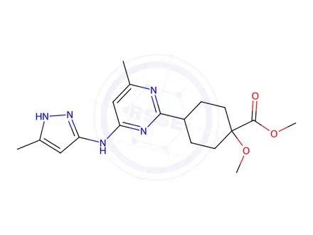 Chemical structure of Cyclohexanecarboxylic acid, 1-methoxy-4-[4-methyl-6-[(5-methyl-1H-pyrazol-3-yl)amino]-2-pyrimidinyl]-, methyl ester