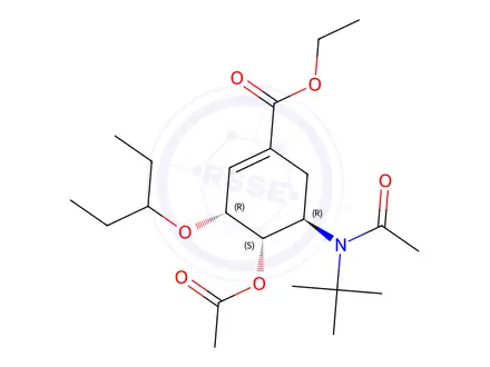 Chemical structure of (3R,4S,5R)-ethyl 4-acetoxy-5-(N-(tert-butyl)acetamido)-3-(pentan-3-yloxy)cyclohex-1-enecarboxylate