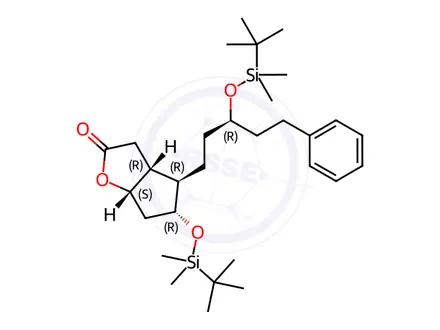 Chemical structure of (3aR,4R,5R,6aS)-5-((tert-Butyldimethylsilyl)oxy)-4-((R)-3-((tert-butyldimethylsilyl)oxy)-5-phenylpentyl)hexahydro-2H-cyclopenta[b]furan-2-one
