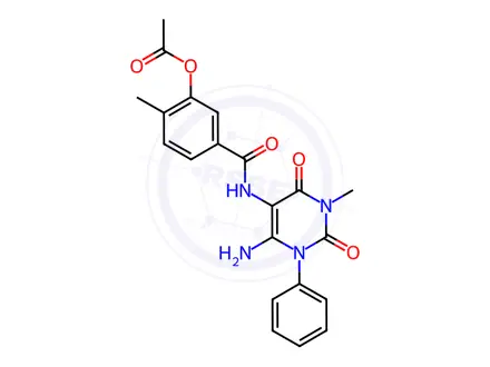 Chemical structure of Benzamide, 3-(acetyloxy)-N-(6-amino-1,2,3,4-tetrahydro-3-methyl-2,4-dioxo-1-phenyl-5-pyrimidinyl)-4-methyl-