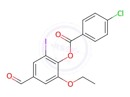 Chemical structure of 2-Ethoxy-4-formyl-6-iodophenyl 4-chlorobenzoate