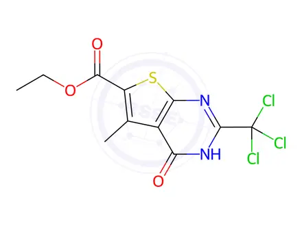 Chemical structure of Ethyl 5-methyl-4-oxo-2-(trichloromethyl)-3,4-dihydrothieno[2,3-d]pyrimidine-6-carboxylate