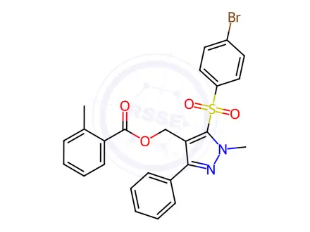 Chemical structure of (5-((4-Bromophenyl)sulfonyl)-1-methyl-3-phenyl-1H-pyrazol-4-yl)methyl 2-methylbenzoate