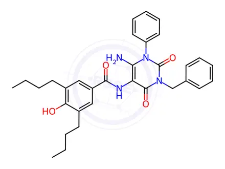 Chemical structure of N-(6-Amino-3-benzyl-2,4-dioxo-1-phenyl-1,2,3,4-tetrahydropyrimidin-5-yl)-3,5-dibutyl-4-hydroxybenzamide