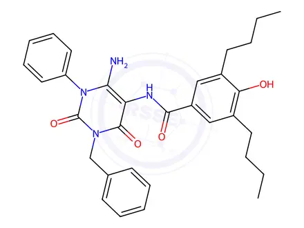 Chemical structure of N-(6-Amino-3-benzyl-2,4-dioxo-1-phenyl-1,2,3,4-tetrahydropyrimidin-5-yl)-3,5-dibutyl-4-hydroxybenzamide