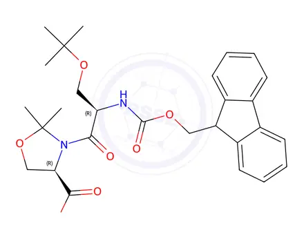 Chemical structure of 4-Oxazolidinecarboxylic acid, 3-[(2R)-3-(1,1-dimethylethoxy)-2-[[(9H-fluoren-9-ylmethoxy)carbonyl]amino]-1-oxopropyl]-2,2-dimethyl-, (4R)-