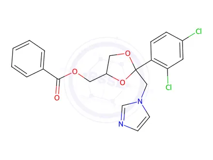Chemical structure of (2-((1H-Imidazol-1-yl)methyl)-2-(2,4-dichlorophenyl)-1,3-dioxolan-4-yl)methyl benzoate