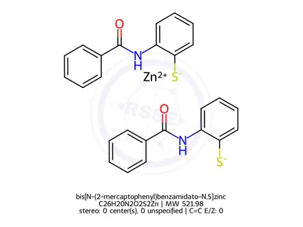 Chemical structure of bis[N-(2-mercaptophenyl)benzamidato-N,S]zinc