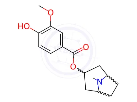 Chemical structure of (8-methyl-8-azabicyclo[3.2.1]oct-3-yl) 4-hydroxy-3-methoxy-benzoate