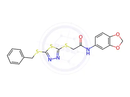 Chemical structure of N-(Benzo[d][1,3]dioxol-5-yl)-2-((5-(benzylthio)-1,3,4-thiadiazol-2-yl)thio)acetamide