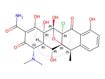 Chemical structure of 5,11-Epoxynaphthacene-3-carboxamide, 5a-chloro-1-(dimethylamino)-1,4,4a,5,5a,6,11,11a,12,12a-decahydro-2,4a,5,7,12-pentahydroxy-11-methyl-4,6-dioxo-, [1S-(1alpha,4aalpha,5beta,5aalpha,11beta,11aalpha,12alpha,12aalpha)]-