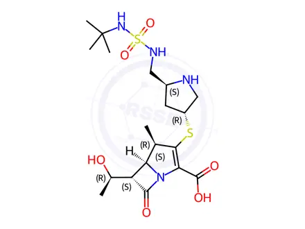 Chemical structure of (4R,5S,6S)-3-(((3S,5S)-5-(((N-(tert-Butyl)sulfamoyl)amino)methyl)pyrrolidin-3-yl)thio)-6-((R)-1-hydroxyethyl)-4-methyl-7-oxo-1-azabicyclo[3.2.0]hept-2-ene-2-carboxylic Acid