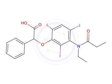 Chemical structure of 2-[3-(N-Ethylpropionylamino)-2,4,6-triiodophenoxy]-2-phenylacetic acid