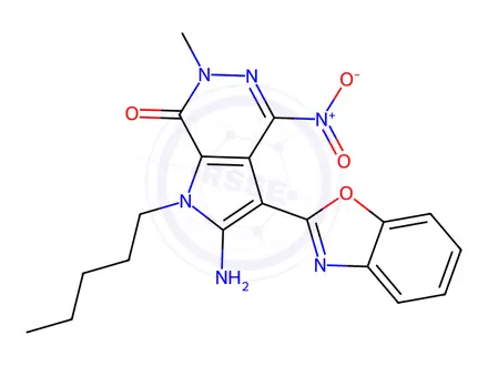 Chemical structure of 7H-Pyrrolo[2,3-d]pyridazin-7-one, 2-amino-3-(2-benzoxazolyl)-1,6-dihydro-6-methyl-4-nitro-1-pentyl-