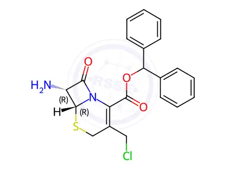 Chemical structure of Benzhydryl (6R,7R)-7-amino-3-(chloromethyl)-8-oxo-5-thia-1-azabicyclo[4.2.0]oct-2-ene-2-carboxylate
