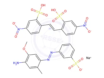 Chemical structure of Benzenesulfonic acid, 2,2'-(1,2-ethenediyl)bis[5-nitro-, reaction products with 3-[(4-amino-5-methoxy-2-methylphenyl)azo]benzenesulfonic acid monosodium salt
