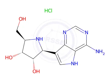 Chemical structure of (2S,3S,4R,5R)-2-(4-amino-5H-pyrrolo[3,2-d]pyrimidin-7-yl)-5-(hydroxymethyl)pyrrolidine-3,4-diol hydrochloride