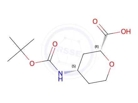 Chemical structure of (2R,4S)-4-(tert-butoxycarbonylamino)tetrahydropyran-2-carboxylic acid