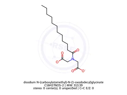 Chemical structure of disodium N-(carboxylatomethyl)-N-(1-oxododecyl)glycinate