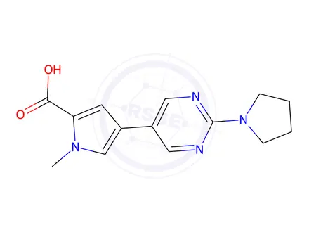 Chemical structure of 1-Methyl-4-(2-(pyrrolidin-1-yl)pyrimidin-5-yl)-1H-pyrrole-2-carboxylic acid