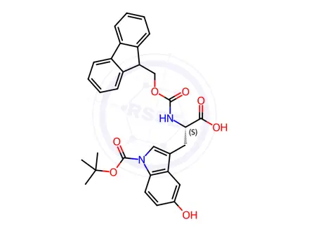 Chemical structure of (S)-2-((((9H-fluoren-9-yl)methoxy)carbonyl)amino)-3-(1-(tert-butoxycarbonyl)-5-hydroxy-1H-indol-3-yl)propanoic acid