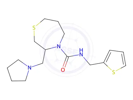 Chemical structure of 3-(Pyrrolidin-1-ylmethyl)-N-(thiophen-2-ylmethyl)-1,4-thiazepane-4-carboxamide