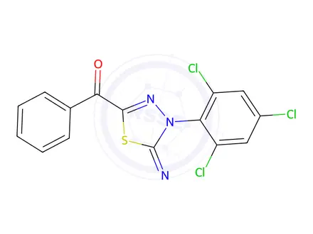 Chemical structure of 2-Benzoyl-5-cyanimino-4,5-dihydro-4-(2,4,6-trichlorophenyl)-1,3,4-thiadiazole
