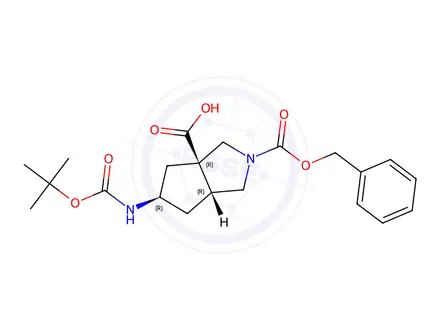 Chemical structure of (3AR,5R,6aR)-2-((benzyloxy)carbonyl)-5-((tert-butoxycarbonyl)amino)hexahydrocyclopenta[c]pyrrole-3a(1H)-carboxylic acid