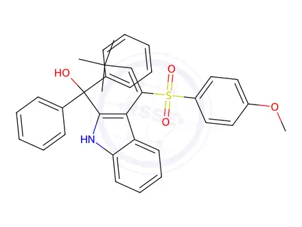 Chemical structure of (E)-(3-(1-((4-Methoxyphenyl)sulfonyl)-3,3-dimethylbut-1-en-1-yl)-1H-indol-2-yl)diphenylmethanol