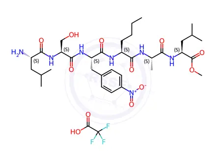 Chemical structure of Methyl ((S)-2-((S)-2-((S)-2-((S)-2-amino-4-methylpentanamido)-3-hydroxypropanamido)-3-(4-nitrophenyl)propanamido)hexanoyl)-L-alanyl-L-leucinate, 2,2,2-Trifluoroacetate Salt