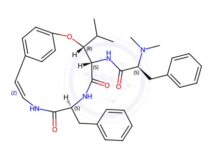 Chemical structure of (S)-α-Dimethylamino-N-[(3R,4S,7S)-3-isopropyl-5,8-dioxo-7-benzyl-2-oxa-6,9-diazabicyclo[10.2.2]hexadeca-10,12,14(1),15-tetren-4-yl]benzenepropanamide