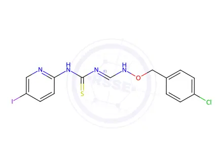 Chemical structure of 1-[(1E)-{[(4-chlorophenyl)methoxy]amino}methylidene]-3-(5-iodopyridin-2-yl)thiourea