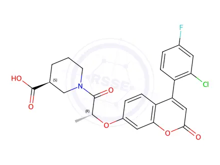 Chemical structure of 3-Piperidinecarboxylic acid, 1-[(2R)-2-[[4-(2-chloro-4-fluorophenyl)-2-oxo-2H-1-benzopyran-7-yl]oxy]-1-oxopropyl]-, (3S)-