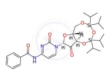Chemical structure of Cytidine, N-benzoyl-2^-deoxy-2^-oxo-3^,5^-O-[1,1,3,3-tetrakis(1-Methylethyl)-1,3-disiloxanediyl]-