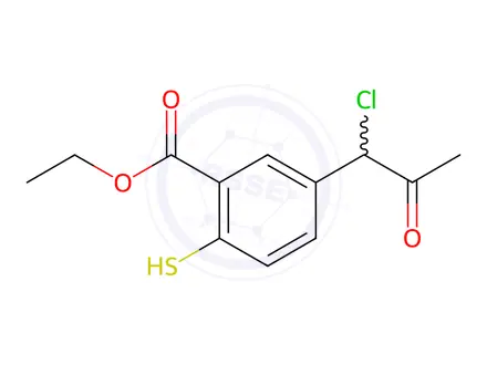 Chemical structure of Ethyl 5-(1-chloro-2-oxopropyl)-2-mercaptobenzoate