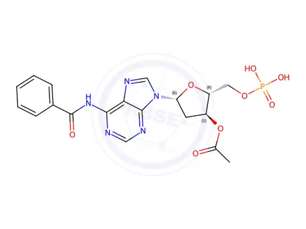 Chemical structure of (2R,3S,5R)-5-(6-Benzamido-9H-purin-9-yl)-2-((phosphonooxy)methyl)tetrahydrofuran-3-yl acetate